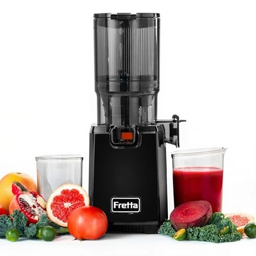 Fretta Slow Chew Juice Extractor 250 W, XXL 130 mm Chew Juice Extractor for Whole Fruits & Vegetables, Cold Press Technology, Easy Cleaning, BPA Free, Stylish Black Design