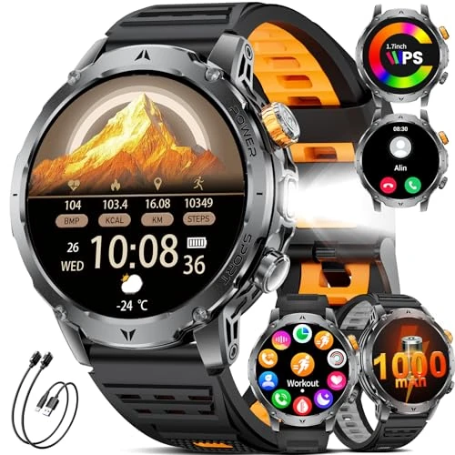 LIGE 1000 mAh Men's Military Smart Watch, 1.7 Inch Smartwatch with 100+ Sports Modes, Bluetooth Call, 24H Heart Rate, Sleep Tracking, Pedometer Android iOS, 3 Bracelets, 2 Chargers