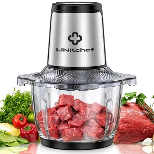 LINKChef Picadora Eléctrica, Bol de Vidrio de 1,5 L, Cuchillas de Acero Inoxidable de 3 Niveles, 2 Velocidades, Picadora de Alimentos para Carne, Frutas, Verduras y Comida para Bebé