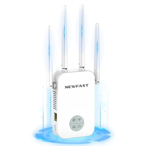 NEWFAST Krachtige draadloze repeater voor thuis, 1200 Mbps WiFi Extender Dual Band 2,4 GHz/5 GHz met 4 antennes met hoge versterking, ethernet-aansluiting, WPS, intelligent display, ondersteunt 3 modi