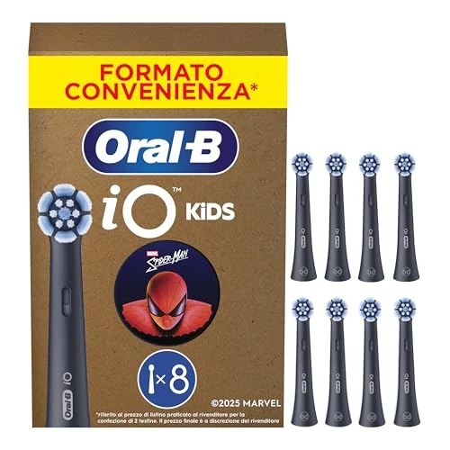 Offerta a tempo: Oral-B Testine di Ricambio iO Kids 6+, Azzurre, 8 Ricambi - 8 Testine di Ricambio per Spazzolino Elettrico iO 6+, Marvel Spiderman, per i Bambini dai 6 Anni in su, Delicato su Denti da Latte e Gengive - 34% da 79.99 € a 52.49 €