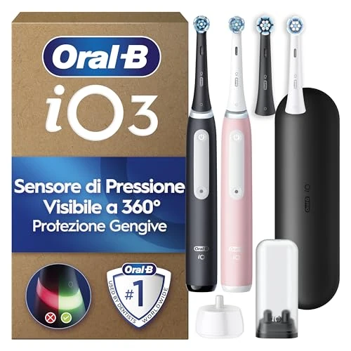 Offerta a tempo: Oral-B iO3 Spazzolino Elettrico | Nero e Rosa | 4 Testine di Ricambio | Batteria a Lunga Durata | Custodia da Viaggio | Porta Testine | Confezione da 2 Spazzolini - 42% da 309.99 € a 180.62 €