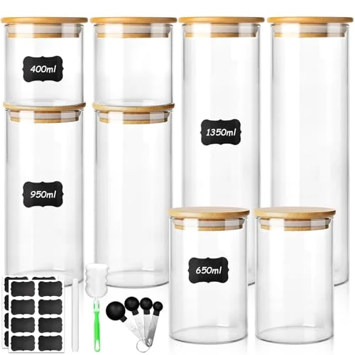 AMIPOW 8pcs Barattoli di Vetro con Coperchio Barattoli di Vetro Ermetici Barattoli Vetro Barattolo Vetro con Coperchio per Pasta Farina Zucchero Caffè Prodotti (450ml/650ml/950ml/1350ml)