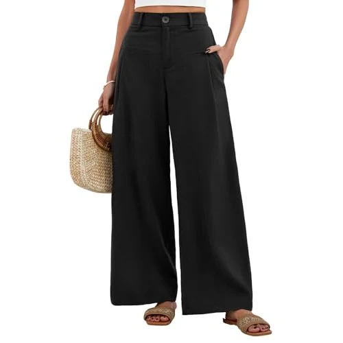Offerta a tempo: Fashora Pantaloni Lino Donna Estivi Gamba Larga Pantaloni Elastico in Vita Leggeri Traspiranti Pantaloni Casual Comodi Palazzo con Tasche e Bottoni (Nero, M) - 54% da 25.99 € a 11.99 €