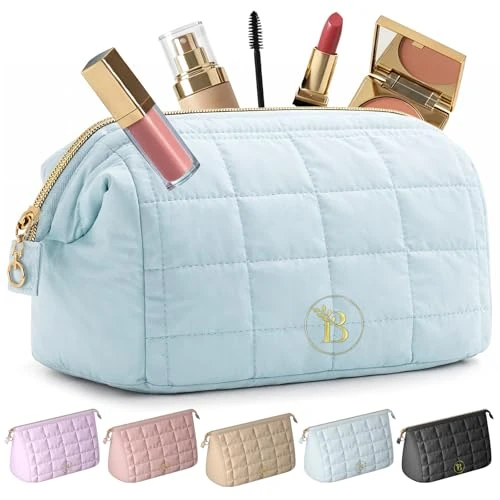 Offerta a tempo: Trousse Trucchi Donna Blu Trapuntata, Beauty Case da Viaggio con Ampia Apertura, Porta Trucchi da Viaggio con Scomparti Interni, Pochette Trucco per Uso Quotidiano - 0.00% da 9.99 € a 9.99 €