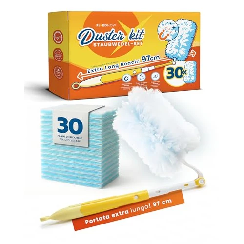 Offerta a tempo: FixedNow 30 Panni Catturapolvere XXL con asta Telescopico 97 cm per Swiffer Duster - Kit Starter Piumino con Manico Swiffer Allungabile - Ricariche Swiffer, Panni di Ricambio Cattura Polvere - 28% da 24.99 € a 17.99 €