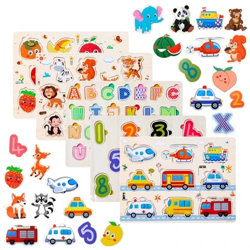 Purpledi 5 pcs Puzzles de Madera de Animales, Número, Juguetes Educativos Montessori, Infantil, para Bebes, Niños 1 2 3 4 año (A)