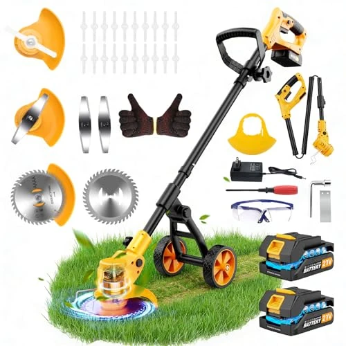 Offerta a tempo: 21v Decespugliatore a batteria, Decespugliatore Elettrico con 2 * 2Ah Batterie, TelescopicoTagliabordi a Batteria con Caricabatterie e Ruote Rimovibili, 3 Tipi di Lame per Il Taglio Di Giardini Prati - 0.00% da 79.99 € a 79.99 €