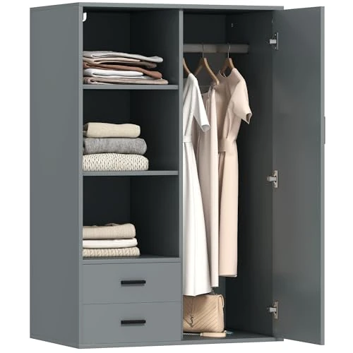 HOMCOM Armadio Guardaroba Moderno con 2 Cassetti, Ripiani Aperti Regolabili e Vano Appendiabiti, Guardaroba per Camera da Letto e Ingresso, 80x50x124 cm, Grigio Scuro