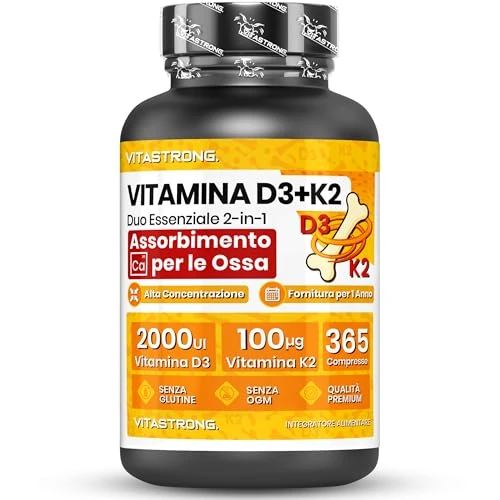Vitastrong. Vitamine D3 + K2 – 365 Comprimés (Cure d'un An) – Haut Dosage 2000 UI Vitamine D3 & 100 µg Vitamine K2 MK-7 – Maintien des Os et Système Immunitaire – Végétarien, Sans Gluten