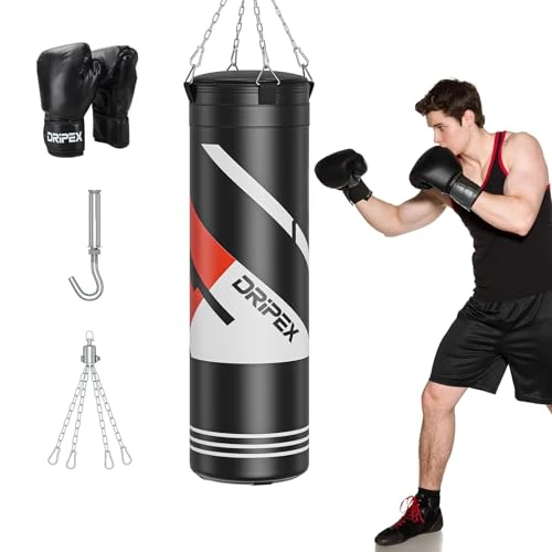 Offerta a tempo: Dripex Sacco da Boxe per Adulti Appeso, con Guanti da 12 oz, Non Riempito, con Catena Pivotante a 360° in Acciaio, per MMA, Kickboxing, Muay Thai, Karate - 20% da 19.99 € a 15.99 €