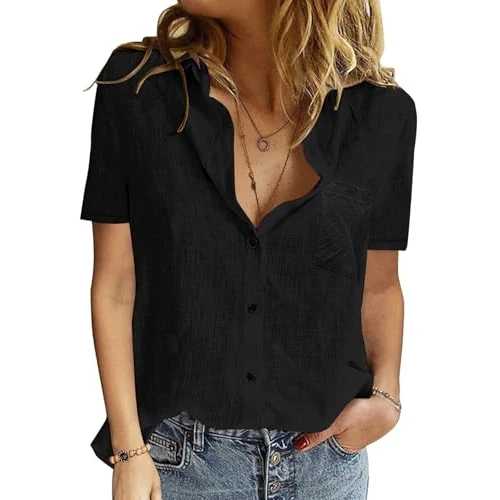 Offre limitée : Yuson Girl Chemisier pour Femme avec col en V,Tunique d'été pour Femmes boutonnée Hauts T-Shirt Coton Lin à Manches Courtes décontracté Ample Longue Chemise Blouse Hauts(Noir-2, XXL) de 20.89 € à 7.99 € (61.75% de remise)