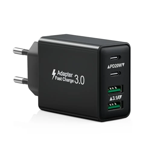 Caricatore USB C, 40W 4-Porto Rapido Presa USB Multipla PD+QC 3.0 Carica Cellulare, Spina Alimentatore USBC Caricabatterie per iPhone 17 16 15 14 13 12 11 Pro Max, Samsung, Spinotto USB Adattatore