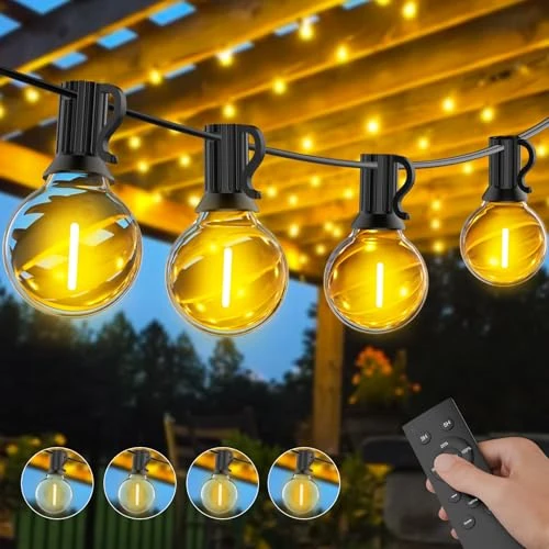 Vemirace Guirnalda Luces Exterior Regulables, 30M Luces Exterior Jardin con Control Remoto, 50+2 LED Bombillas, IP45 Impermeable, Baja Tensión 24V, Blanco Cálido para Patio, Balcón, Camping, Fiestas