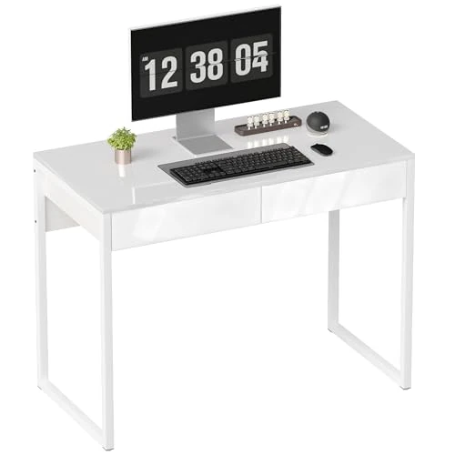 HOMCOM Ruimtebesparend bureau, 100 x 50 cm, met 2 laden, moderne computertafel met stalen poten en verstelbare poten, voor kantoor, werkkamer, woonkamer en slaapkamer, wit glanzend