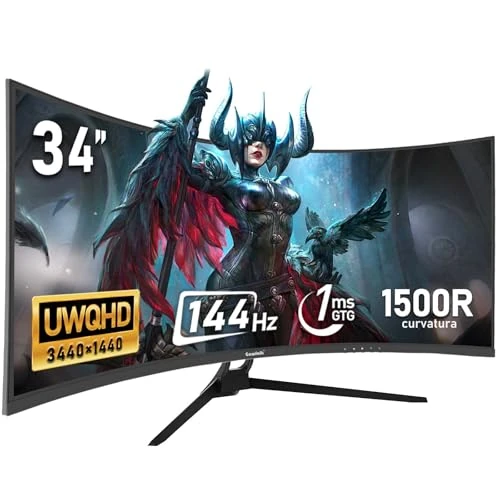 Offerta a tempo: Gawfolk Monitor Ultrawide Da 34 Pollici 1500R Curvo 144Hz Monitor Per Computer Da Gioco, 21:9 UWQHD (3440x1440),Adaptive Sync,Angolo di visione 178°,HDMI、Display Port,VESA75×75MM - Nero - 26% da 269.99 € a 199.99 €