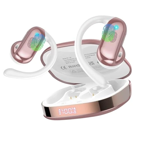 DUSONLAP Oreja Abierta Bluetooth 5.4 Auriculares, 42H Auriculare Inalámbricos Deportivos con Ganchos Giratorios y ENC Mic, IPX7 Cascos Inalambricos con Pantalla LED para Correr/Fitness, Oro Rosa