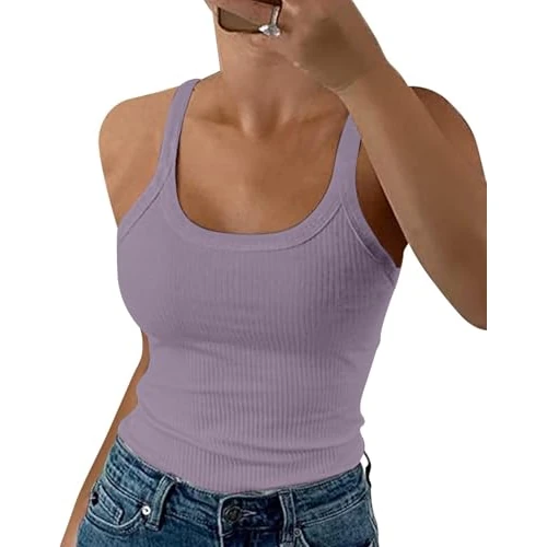 Offerta a tempo: DUOEASE Canotta Donna Estiva Girocollo Spaghetti Top Donna Bianco Elasticità T Shirt Senza Maniche Viola-L - 13% da 14.99 € a 12.99 €
