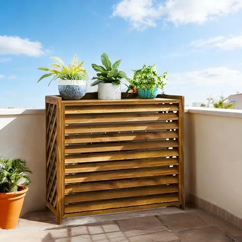 Klimaanlage Abdeckung Außengerät Holz Balkon Sichtschutz Holz Abdeckung Klimaanlage Außengerät Anti-Korrosion Pflanzenregal Outdoor Balkonregal Wetterfest Für Dekoration Gärten Veranden(100x44x93cm)