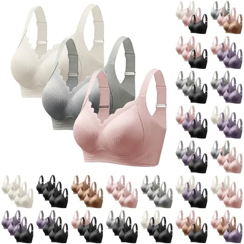Offerta a tempo: Confezione da 3 reggiseni da donna senza ferretto, senza cuciture, reggiseno push up, morbido, comodo, anti-agging con spalline regolabili, bustino, tenuta forte, traspirante, scollo a V, Rosa acceso - 0% da 12.98 € a 12.98 €