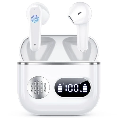 Cuffie Bluetooth,Auricolari Bluetooth 6.1 - Cuffie Wireless con 6 ENC Cancellazione Rumore Mics, Cuffie in Ear 48 Ore di Riproduzione, Cuffiette Senza Filo Stereo HiFi per iOS/Android - Avorio Bianco