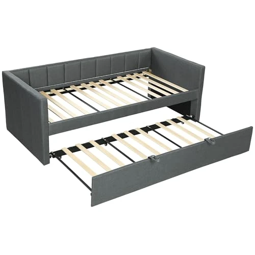 HOMCOM Bettgestell für Einzelbett, 90 x 190 cm, Sofa mit herausnehmbarem Zweitbett, gepolstertes Kopfteil, Armlehnen, Lattenrost aus Pappelholz, für Schlafzimmer, Wohnzimmer, Gäste, ohne Matratze