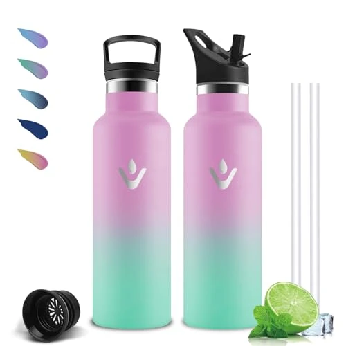 Mujigaga Trinkflasche Edelstahl, Trinkflasche 500ml, BPA-Frei, Wasserflasche mit Strohhalm, 24h Kalt & 12h Warm, Wasserflasche Auslaufsicher, Thermosflasche für Schule, Büro, Reisen, Camping