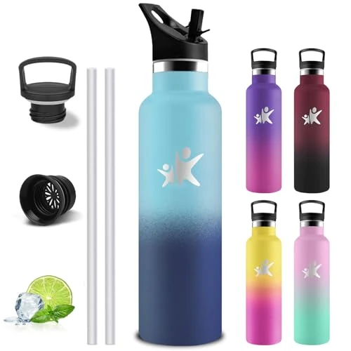 Stainless Steel Sports Water Bottle, 1 Litre, Thermos Bottle with 2 Lids, Double-Walled Vacuum Insulated, Sports Drinking Bottles, 1 Litre Leak-Proof, Water Bottle for Travel, Hiking, Fitness, Gym