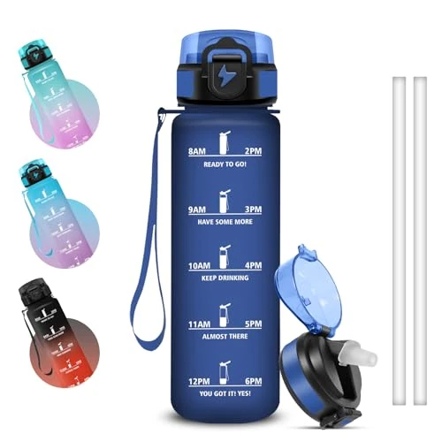 Grsta Trinkflasche 1l, Sichere Verriegelung, Wasserflasche Auslaufsichere, Mit Zeitmarkierung und Schnürung, Trinkflasche Sport mit Strohhalm für Schule, Arbeit, Fahrrad