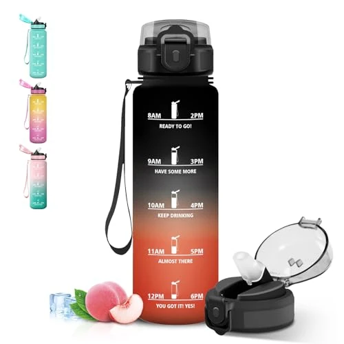 Grsta Water Bottle 1 Litre, Leak-Proof Water Bottle with Time Marking and Lacing, Sports Water Bottle with Straw, Bottle with Secure Lock for University, Fitness, Bicycle