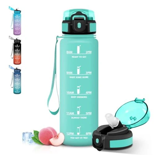 Offerta a tempo: Grsta Borraccia 1 litro con Cannuccia, Borraccia Palestra a Prova di Perdite, Bottiglia Motivazionale, Borracce con Indicatore del Tempo per Ciclismo, Fitness, Campeggio - 4% da 14.99 € a 14.40 €