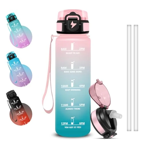 Grsta Wasserflasche 1l mit Strohhalm, Trinkflasche Sport mit Zeitmarkierung und Schnürung, Auslaufsichere Trinkflasche mit Sichere Verriegelung für Schule, Job, Fahrrad