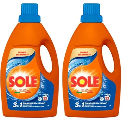 Offerta a tempo: Sole Detersivo Lavatrice Bianco splendente 33 Lavaggi, Formula igienizzante, Detersivo Lavatrice Liquido Bianco Splendente, rimuove le macchie a basse temperature (Confezione da 2) - 42% da 11.98 € a 6.99 €