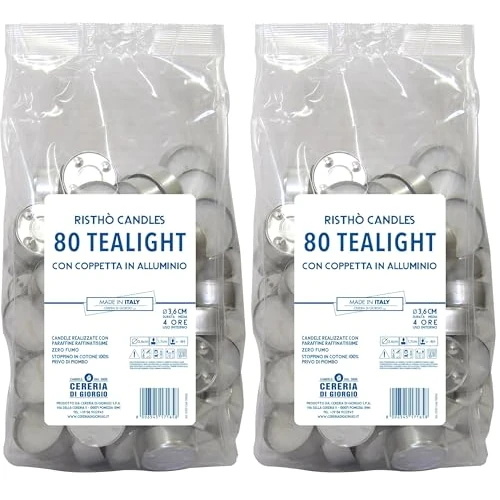 Offerta a tempo: Cereria di Giorgio Tealight Diametro 3,6 cm Altezza 1,7 cm - 80 Pezzi - Durata 3 Ore (Confezione da 2) - 49% da 15.58 € a 7.98 €