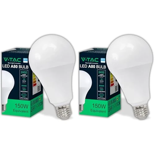 Offerta a tempo: V-TAC Lampadina LED A80 con Attacco E27 20W (Equivalenti a 150W) - 2452 Lumen - Lampadine LED con Massima Efficienza e Risparmio Energetico - Luce Bianca Naturale 4000K (Confezione da 2) - 54% da 15.98 € a 7.40 €