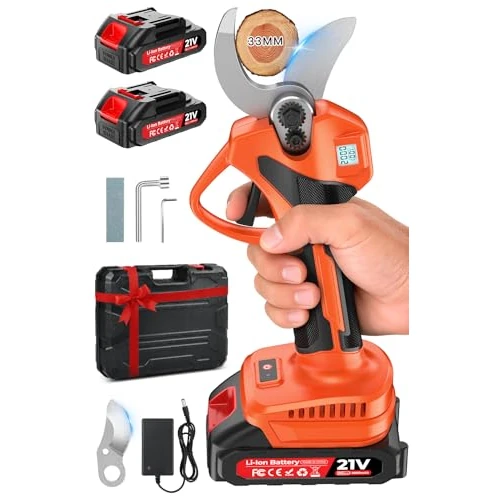 Tijeras de Podar Eléctricas, 33mm Tijeras de Podar Bateria con 2 x 2 Ah Baterías,21V Motor Sin Escobillas,Pantalla LCD y SK7 Cuchillas, Ligera Tijeras Podar para Jardinería, Árboles Frutales, Rosales