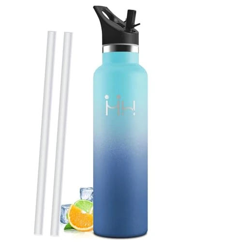 Trinkflasche Edelstahl 1L, BPA-Frei, Thermosflasche, Auslaufsichere Isolierflasche Doppelwandig, Thermoskanne, Wasserflasche mit Strohhalm, Trinkflasche Kohlensäure Geeignet für Sport