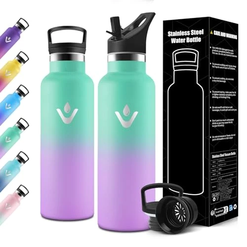 Motswedi Trinkflasche 750ml, mit Strohhalm, Trinkflasche Edelstahl, mit 2 Deckeln, Thermosflasche, Auslaufsicher, Isolierflasche, für Travel, Sprudel, Outdoor, Seegrün & Hellviolett