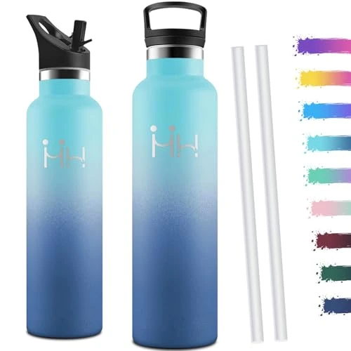 Motswedi Borraccia Termica 1 litro, con Cannuccia, Borracce Termiche, Doppia Parete, Bottiglia Termica, Acciaio Inox, Borraccia a Prova di Perdite, per Palestra, Outdoor, Azzurro Cielo & Blu Scuro