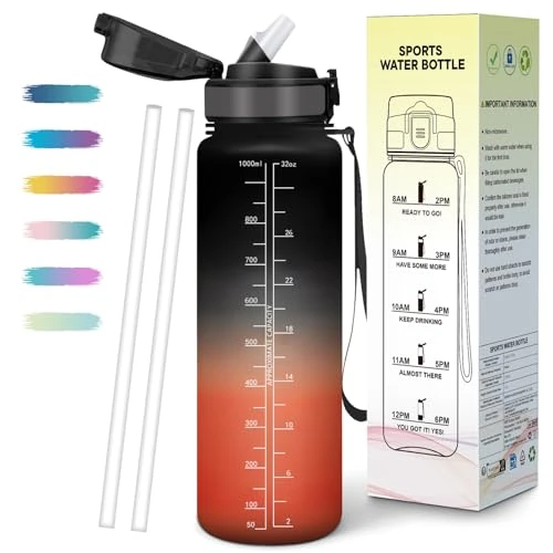 Mulbijeo Gourde 1L, Étanches, Bouteille, Réutilisable, Gourde Avec Paille, Échelle de Temps et Slogans de Motivation, Bouteille d'eau Sport pour Fête, Ecole, Cyclisme, Plein air, Sport