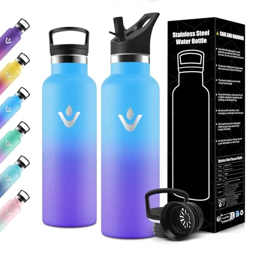 Motswedi Gourde Isotherme 750ml, avec Paille, Bouteille Isotherme, Réutilisable, Thermos, Anti-Fuite, Gourde Enfant, pour l'école, Voyage, Camping, Sport, Gym, Bleu Ciel & Violet