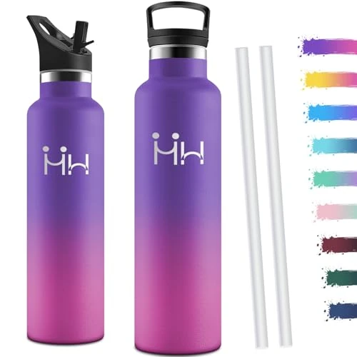 Motswedi Gourde Isotherme 1l, avec Paille, Bouteille Isotherme, Anti-Fuite, Thermos, Poignée de Transport, Gourde Inox, Réutilisable, Thermos 1l pour Voyage, Camping, Sport, Gym, Violet Foncé & Rose