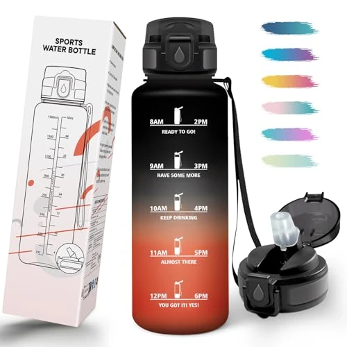 Mulbijeo Waterfles, 1,5 l, lekvrij en herbruikbaar, met rietje, drinkfles, one-touch-opening, motiverende waterfles voor sportschool, camping, fietsen, yoga