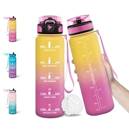 Motswedi Trinkflasche, 500ml BPA-Frei, Wasserflasche, Auslaufsicheres Schlossdesign, Trinkflaschen Auslaufsicher, Mit Zeitmarkierung, Kinder Trinkflasche für Schule, Alltag - Gelb&Rosa