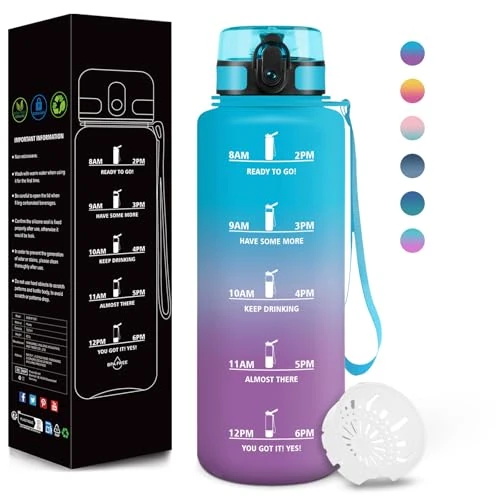 Motswedi Botella Agua, 1500ML Libre de BPA, Cantimplora Plastico, Diseño de Cerradura a Prueba de Fugas, Botella de Agua Gimnasio, Con Marca de Tiempo, Para Gym, senderismo, camping - Azul&morado