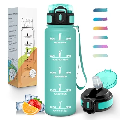 Offerta a tempo: Mulbijeo Borraccia 1 Litro, Libre de BPA & A Prova di Perdita, Borraccia con Cannuccia, Reutilizables, Borracce Motivazionale, Portatile, Borracce Palestra per Scuola, Palestra, Ufficio, Festa - 37% da 15.99 € a 10.12 €