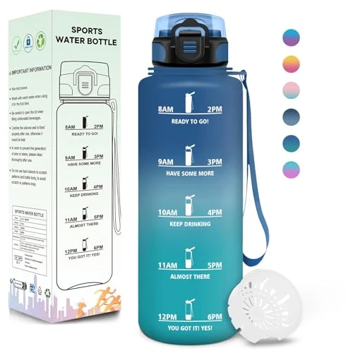Motswedi Drinkfles, 1500 ml, BPA-vrij, sportfles, lekvrij slotdesign, motiverende fles met tijdmarkering, fles voor kantoor, stadion, fitnessstudio, blauw en groen