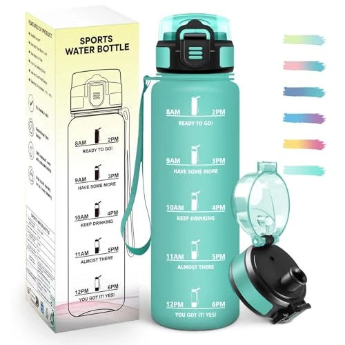 Offerta a tempo: Mulbijeo Borraccia 1 Litro, A Prova di Perdite & Riutilizzabile, Borraccia Palestra, senza BPA, Bottiglia Motivazionale, Indicatore del Tempo, Borracce per Palestra, Ciclismo, Ufficio, Esterno - 0.00% da 14.39 € a 14.39 €