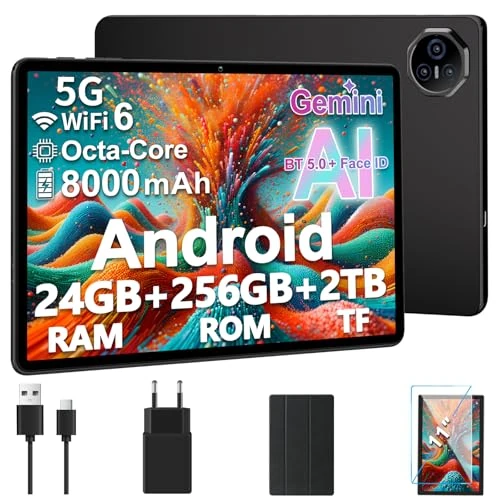 Dghrti 2025 Tablet 11 Zoll Touch Android 14, 24GB RAM + 256GB ROM (2TB TF), Octa-Core, UFS 2.2 Flash, FHD IPS, 8000mAh, 3D Sound, 13MP + 5MP, Dual WiFi, BT 5.0, Widevine L1, Face ID, Grau