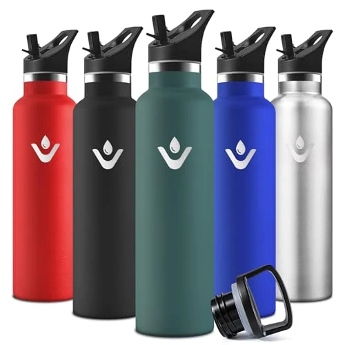 Motswedi Trinkflasche, 1000 ml BPA-Frei, Trinkflasche Edelstahl, Mit Strohhalm und 2 Deckeln, Flasche, 18/8 Edelstahl, Wasserflasche, Doppellagige Isolierung, Isolierflasche für Sports - Olivgrün